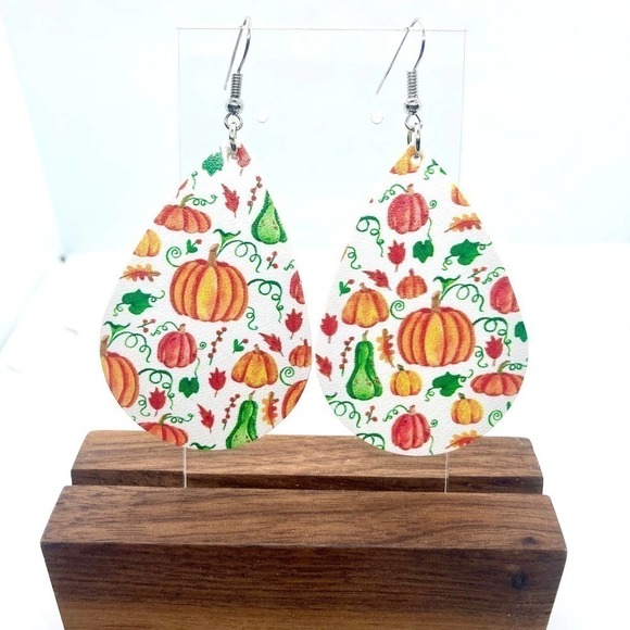 Faux Leather Teardrop Colorful Gourd Print Earrings - Picture 1 of 4